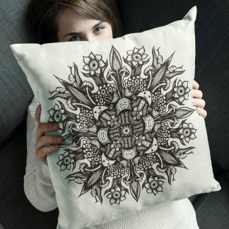 Coussin Mandala Botanique De Champignons Noirs Et Blancs c
