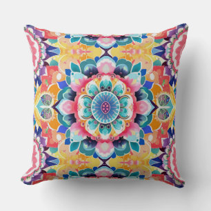 Coussin Mandala Carreaux en rose, Turquoise et jaune