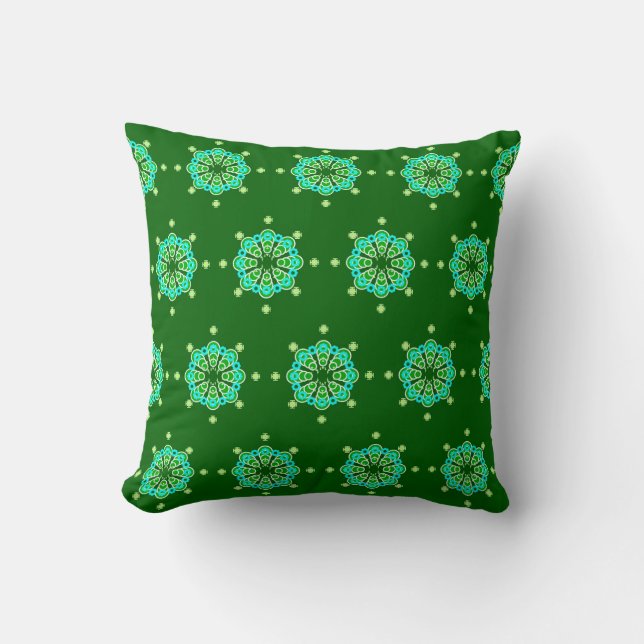 Coussin Mandala, Dark Jade Green et Aqua en huit points (Recto)