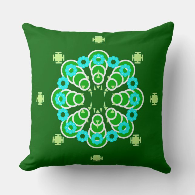 Coussin Mandala, Dark Jade Green et Aqua en huit points (Recto)