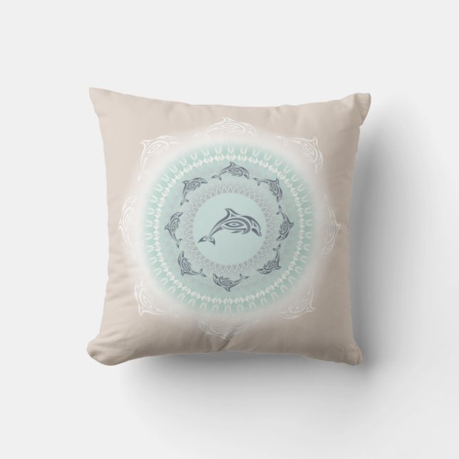 Coussin Mandala dauphins bleu pâle taupe côtier (Recto)