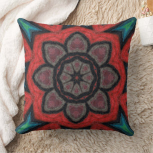 Coussin Mandala de fleurs kaléidoscope rouge et noir gras