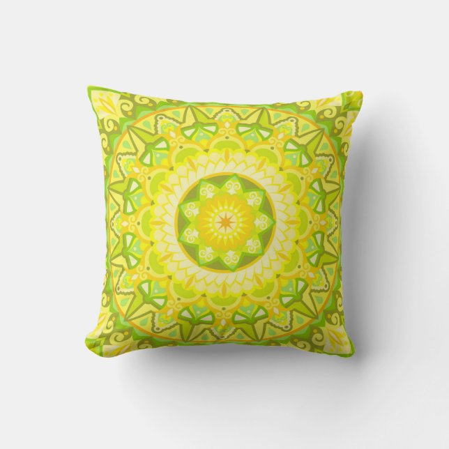 Coussin Mandala de printemps vert jaune floral bohème (Recto)
