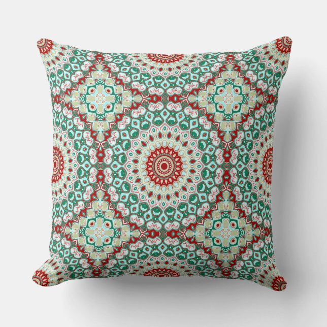 Coussin Mandala des Fêtes en Rouge, Vert et Blanc d'Hiver (Recto)