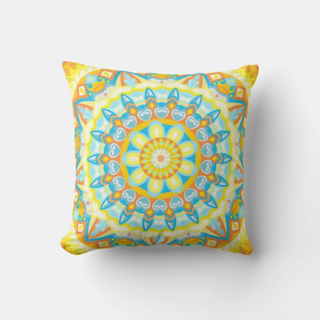 Coussin Mandala d'été jaune orange floral bohème (Recto)