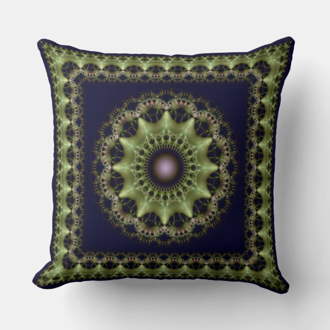 Coussin Mandala encadré vert fractal brillant (Recto)