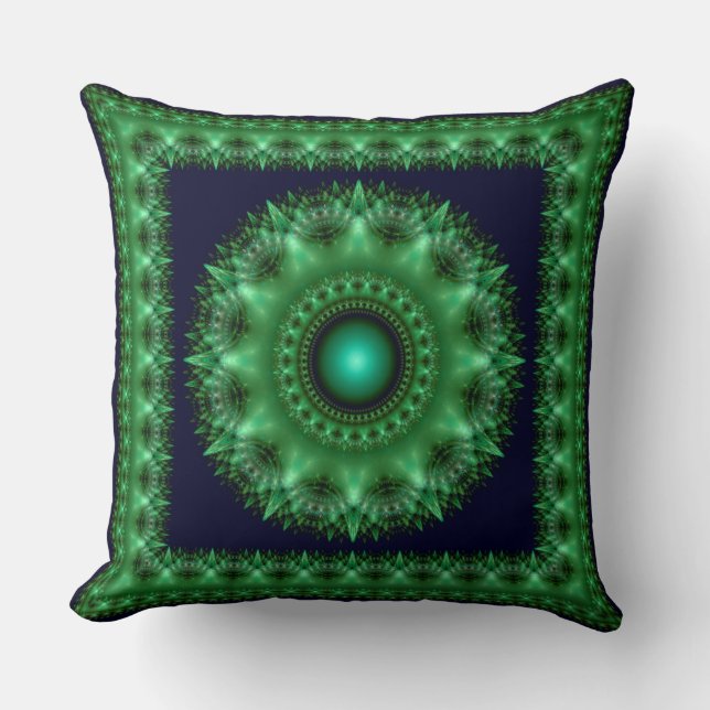 Coussin Mandala encadré vert fractal brillant (Recto)