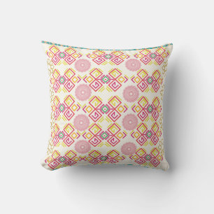 Coussin Mandala ethnique et Motif géométrique rose et jaun