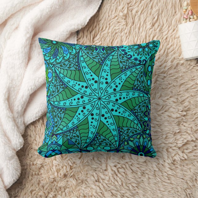 Coussin Mandala étoile Aqua Océan Mer Vert Bleu (Couverture)