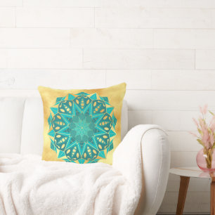Coussin Mandala étoile bleu or sur fond or doux
