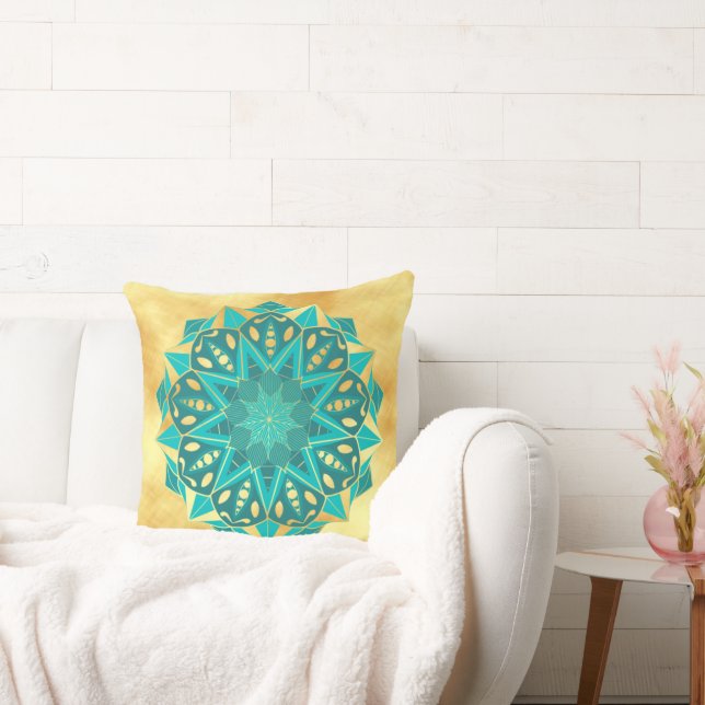 Coussin Mandala étoile bleu or sur fond or doux (Canapé)