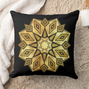 Coussin Mandala Étoile Dorée sur Fond Noir