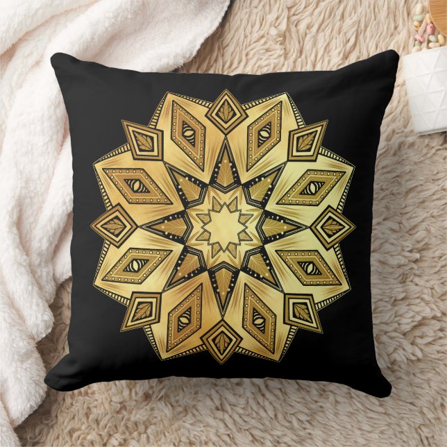 Coussin Mandala Étoile Dorée sur Fond Noir (Couverture)