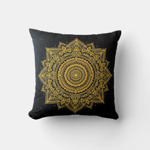 Coussin Mandala Étoile Dorée sur Fond Noir