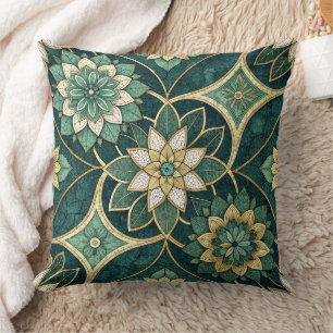 Coussin Mandala Floral Émeraude et Or - Ornemental