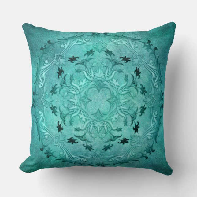 Coussin Mandala floral ethnique de grunge de turquoise (Recto)