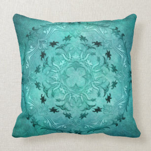 Coussin Mandala floral ethnique de grunge de turquoise