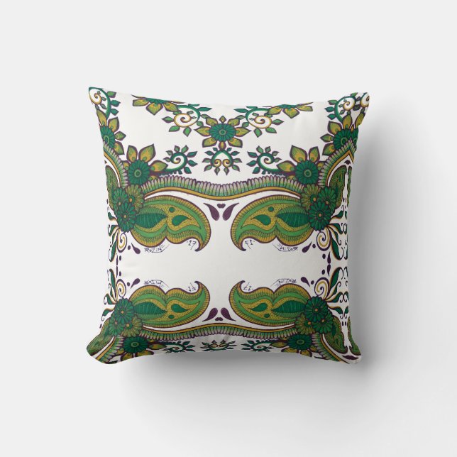 Coussin Mandala Floral Motif vert et or Boho Earthy (Recto)