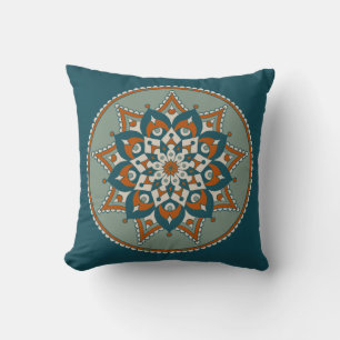 Coussin Mandala floral, Turquoise, olive et rouille