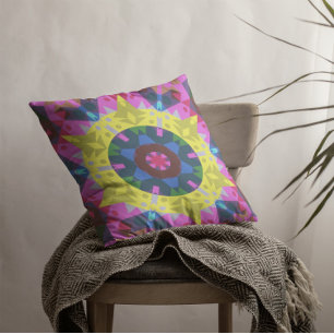 Coussin Mandala Flower bleu jaune et rose
