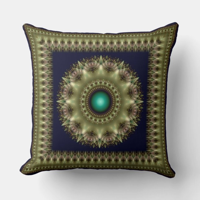 Coussin Mandala fractale vert brillant encadré (Recto)