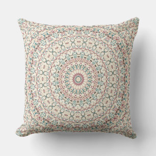 Coussin Mandala Géométrique Intriqué en Turquoise, Rose &