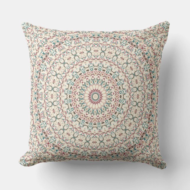 Coussin Mandala Géométrique Intriqué en Turquoise, Rose &  (Recto)