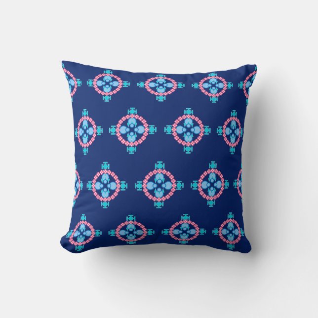 Coussin Mandala, Indigo Blue, Turquoise & Rose en quatre p (Recto)
