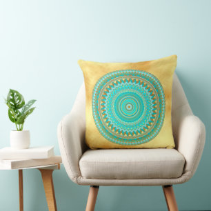 Coussin Mandala Iris bleu marron or sur fond or doux