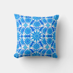 Coussin Mandala motif, cobalt, turquoise et blanche