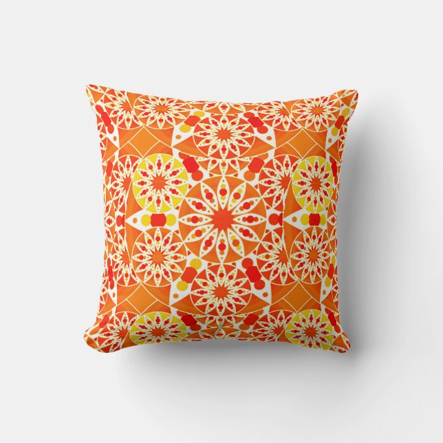 Coussin Mandala motif, Coral Orange et Gold (Recto)