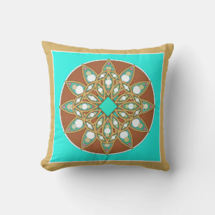 Coussin Mandala motif en chocolat, bronzé et turquoise