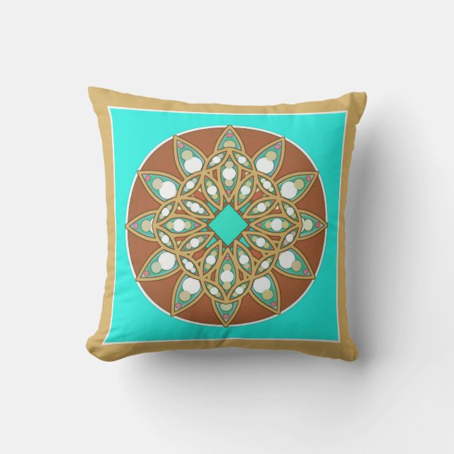 Coussin Mandala motif en chocolat, bronzé et turquoise (Recto)