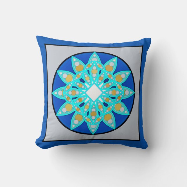 Coussin Mandala motif en cobalt, gris et turquoise (Recto)