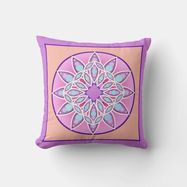 Coussin Mandala motif en lavande, orchidée et corail (Recto)