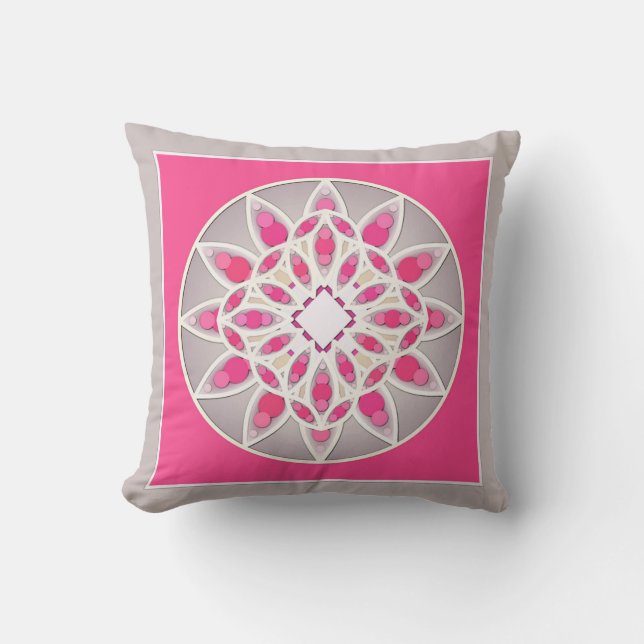 Coussin Mandala motif en rose fushia, blanc et gris (Recto)