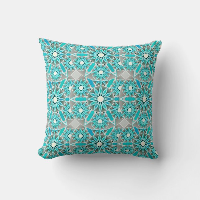 Coussin Mandala motif, turquoise, gris argenté et blanc (Recto)