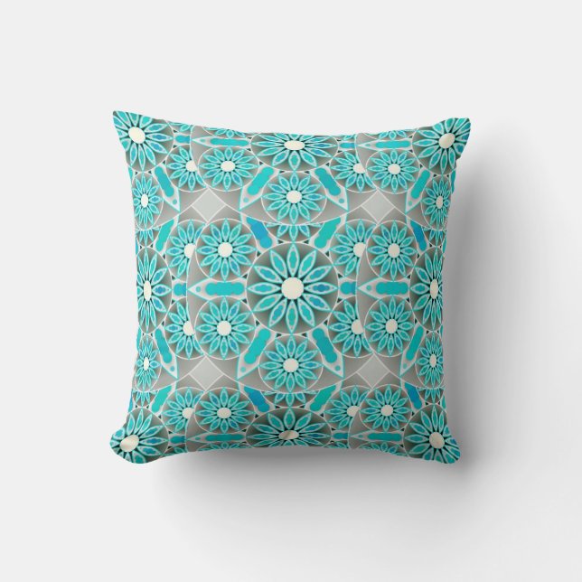 Coussin Mandala motif, turquoise, gris argenté et blanc (Recto)