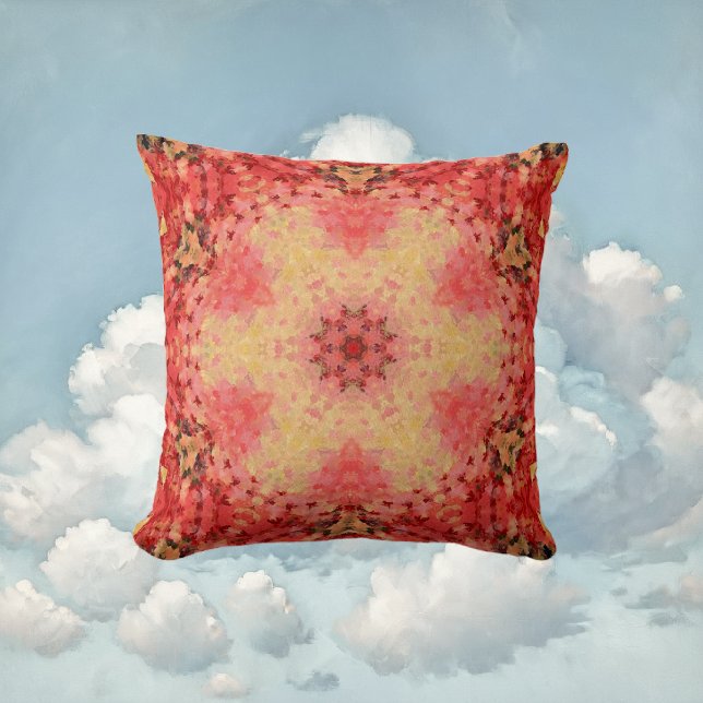 Coussin Mandala numérique jaune, rose et rouge (Yellow Pink and Red Digital Paint Mandala Throw Pillow By Wormhole Orbital)