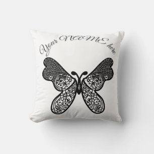 Coussin Mandala papillon bohème complexe noir et blanc A