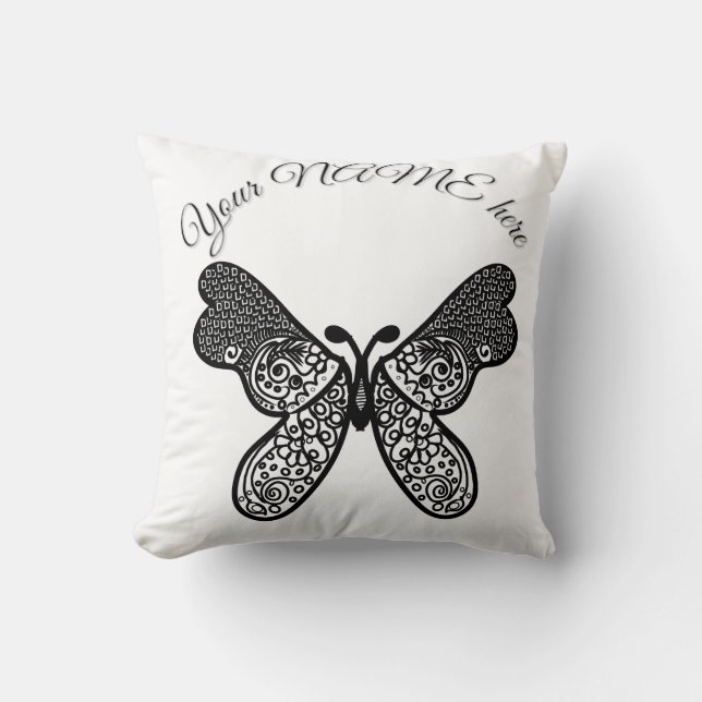 Coussin Mandala papillon bohème complexe noir et blanc A (Recto)