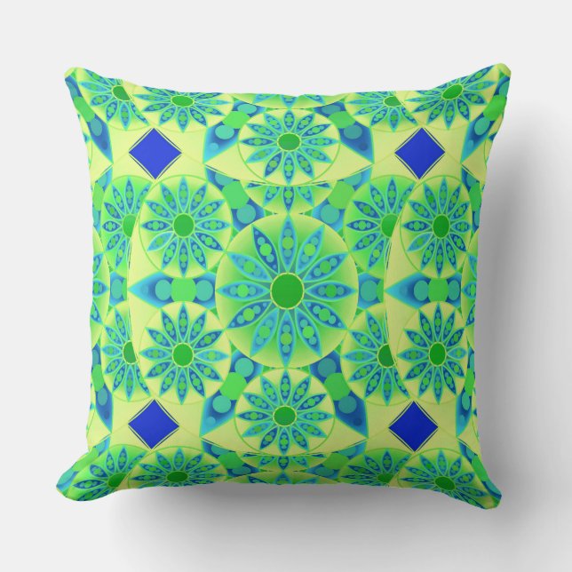 Coussin Mandala pattern, turquoise, blue, lime green (Recto)