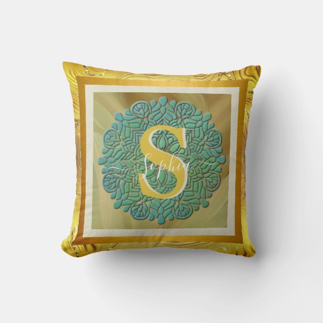 Coussin Mandala personnalisé à monogramme or et bleu (Recto)