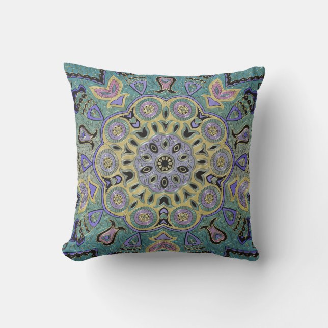 Coussin Mandala pourpre turquoise de pentagone étoilé d'or (Recto)