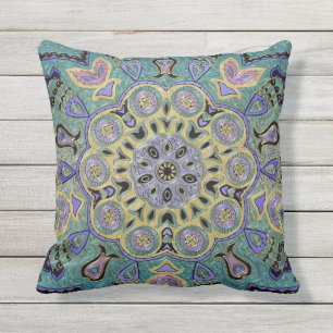 Coussin Mandala pourpre turquoise de pentagone étoilé d'or