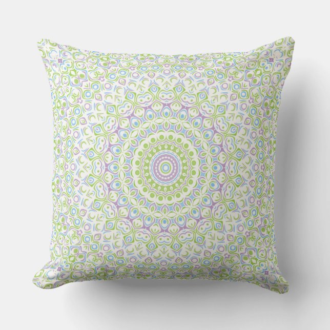 Coussin Mandala Printanier Frais en Vert, Bleu et Lavande (Recto)