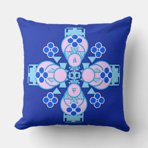 Coussin Mandala quatre points - orchidée, bleu et cobalt