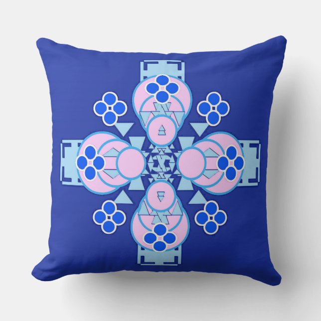 Coussin Mandala quatre points - orchidée, bleu et cobalt (Recto)