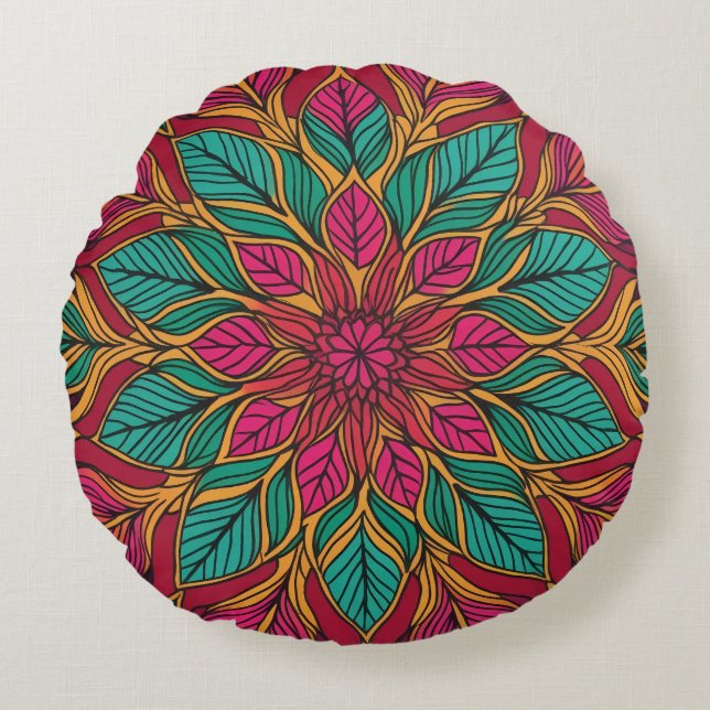 Coussin Mandala Rouge et Vert Bohème (Devant)