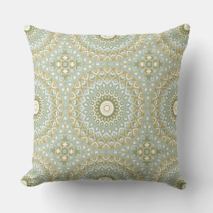 Coussin Mandala Terrien en Vert, Or et Bleu Clair